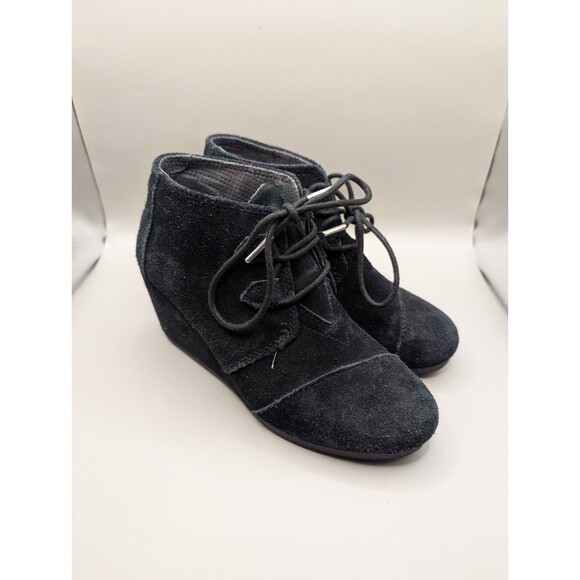 Toms Boots Womens Casual Desert Wedge Ankle Bootie Black Suede Lace Up Size 6 - Picture 1 of 12